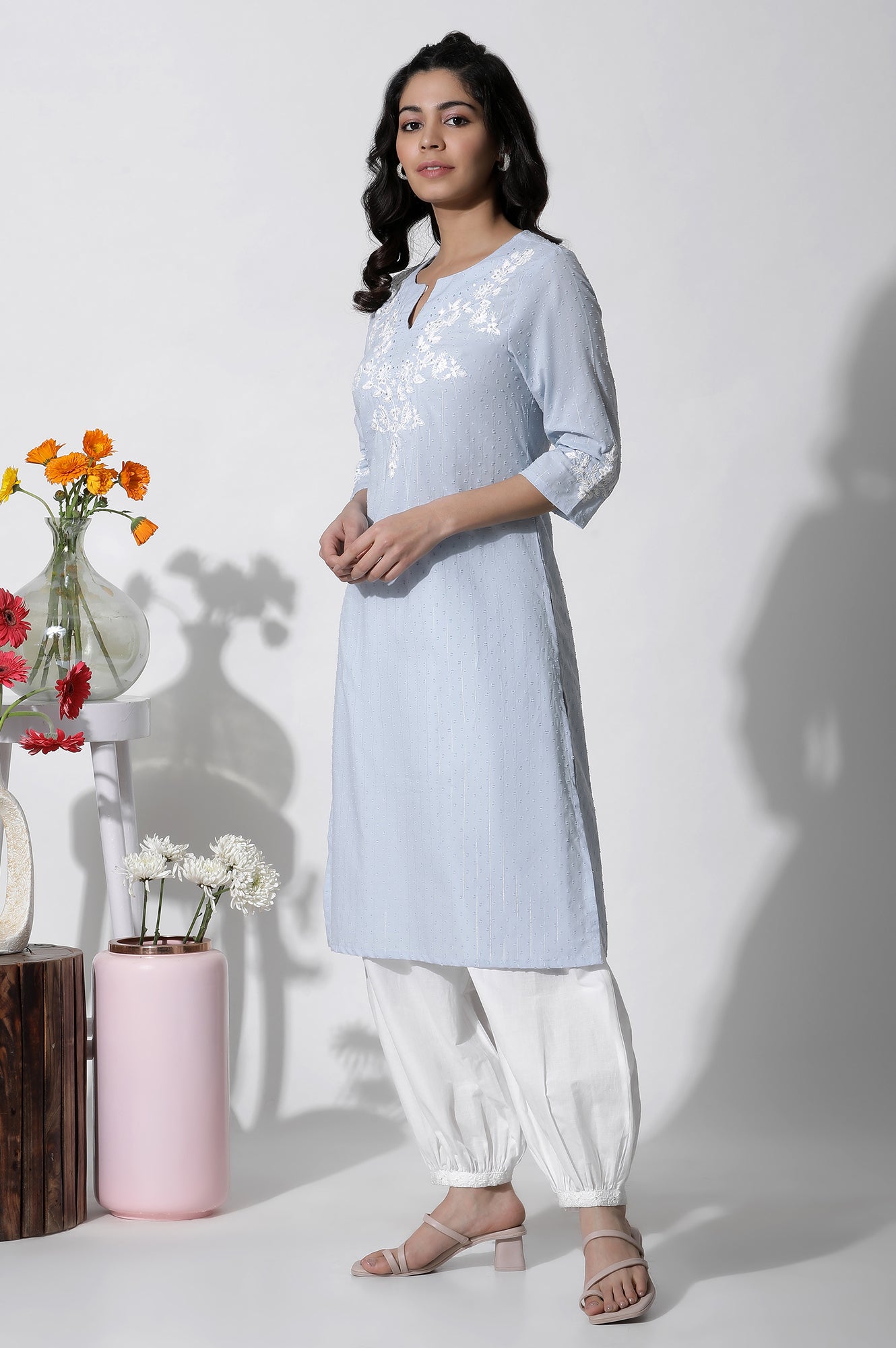 Blue A-Line Textured Cotton Embroidered Kurta