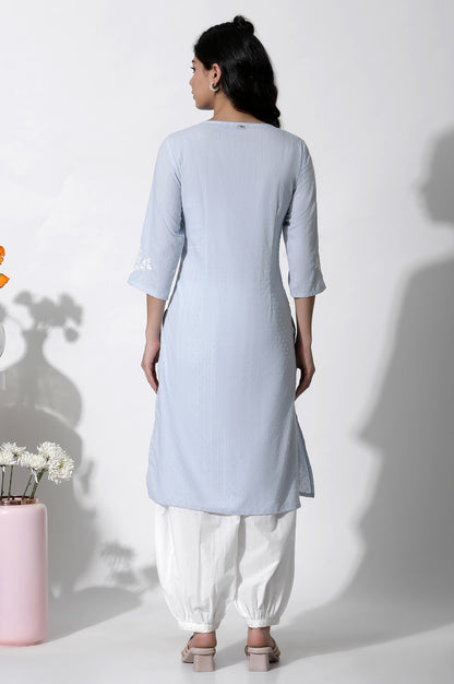 Blue A-Line Textured Cotton Embroidered Kurta