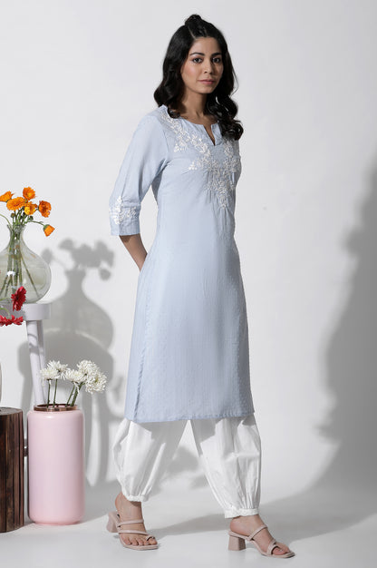 Blue A-Line Textured Cotton Embroidered Kurta