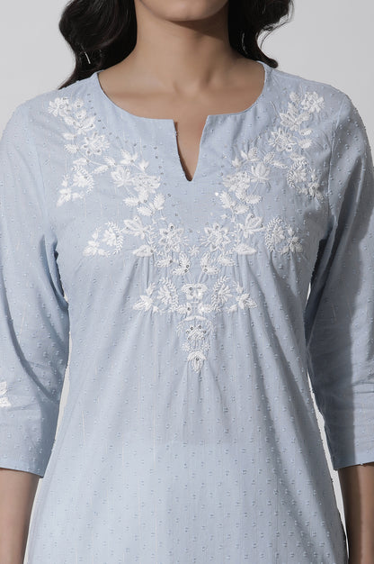 Blue A-Line Textured Cotton Embroidered Kurta