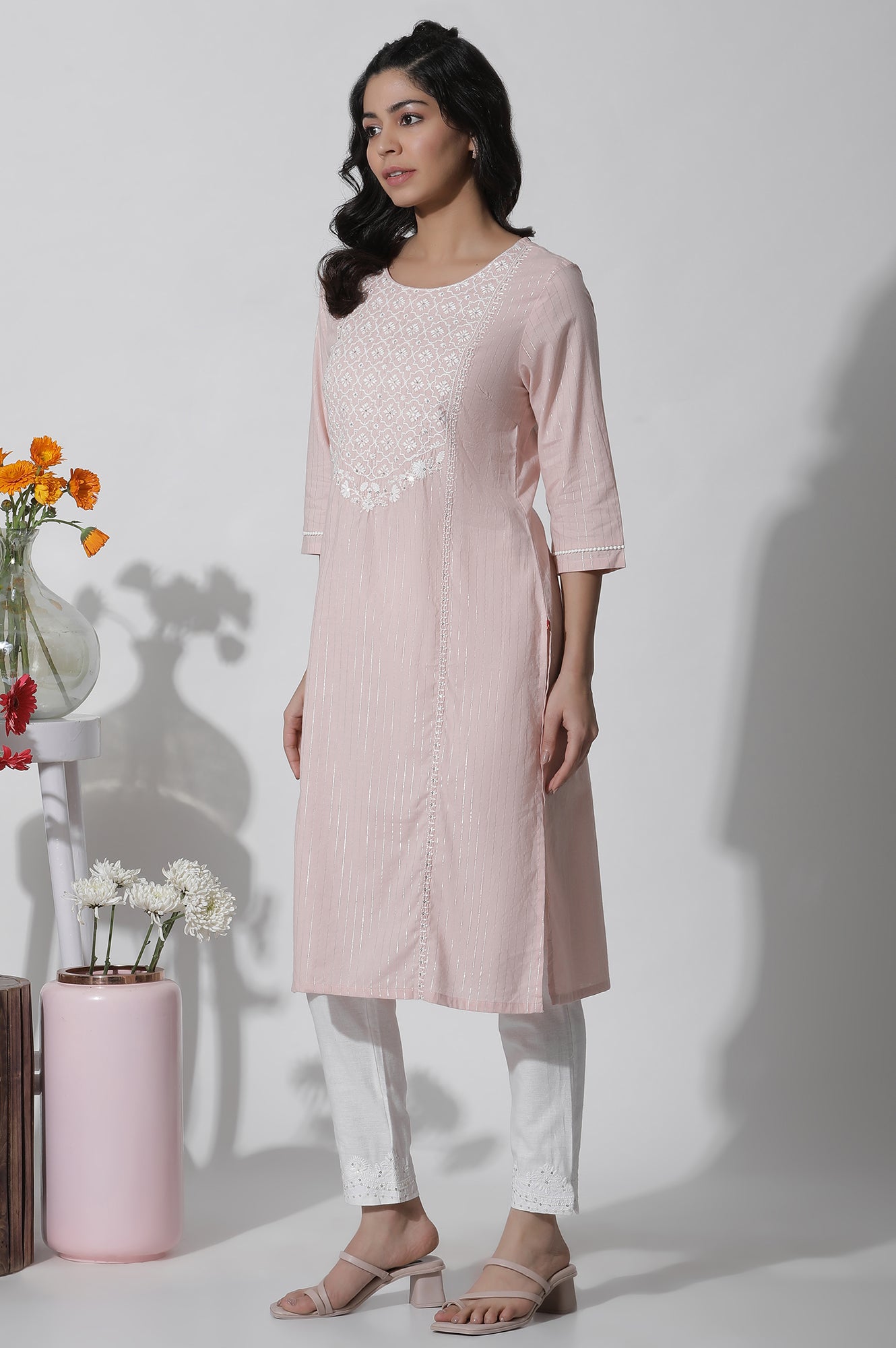 Light Pink Embroidered Cotton Lurex Kurta