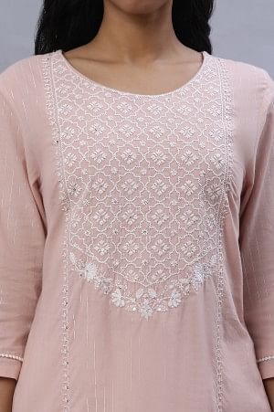 Light Pink Embroidered Cotton Lurex Kurta