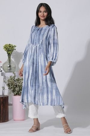 White And Blue Tie-Dye A-Line Kurta