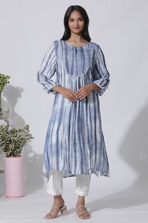 White And Blue Tie-Dye A-Line Kurta