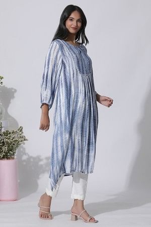 White And Blue Tie-Dye A-Line Kurta