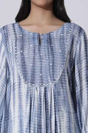 White And Blue Tie-Dye A-Line Kurta