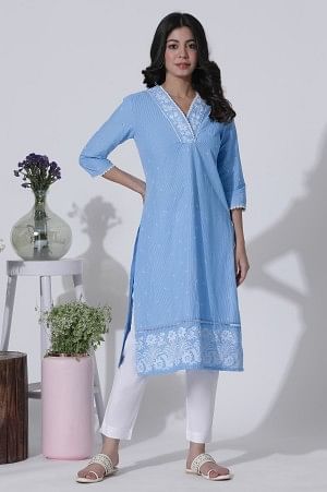 Blue Schiffli Kurta With Overlapping Neckline