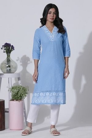 Blue Schiffli Kurta With Overlapping Neckline