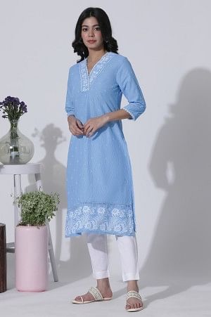 Blue Schiffli Kurta With Overlapping Neckline