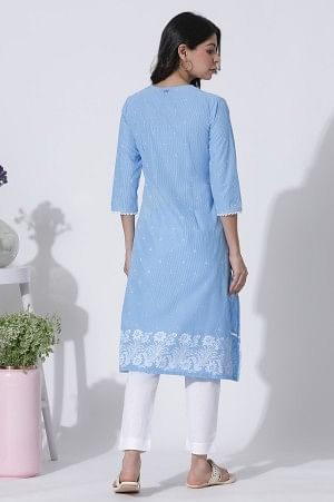 Blue Schiffli Kurta With Overlapping Neckline