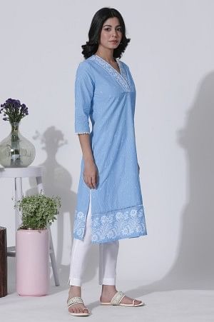 Blue Schiffli Kurta With Overlapping Neckline