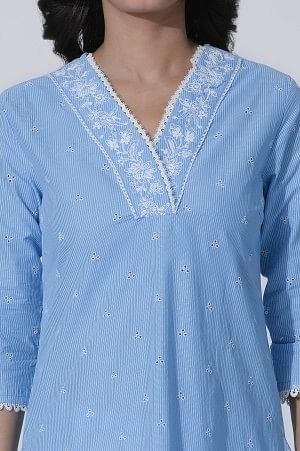 Blue Schiffli Kurta With Overlapping Neckline