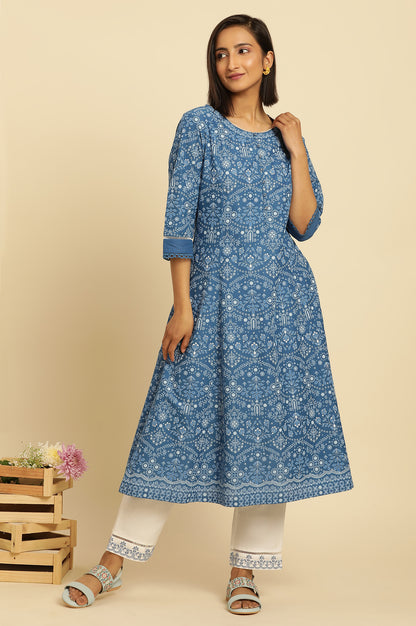 Blue Printed Flared Kurta