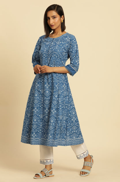 Blue Printed Flared Kurta