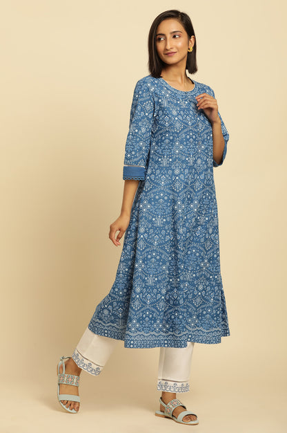 Blue Printed Flared Kurta