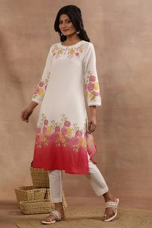 White And Pink Ombre Floral Printed Cotton Kurta
