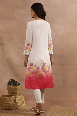 White And Pink Ombre Floral Printed Cotton Kurta
