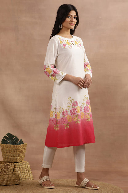 White And Pink Ombre Floral Printed Cotton Kurta