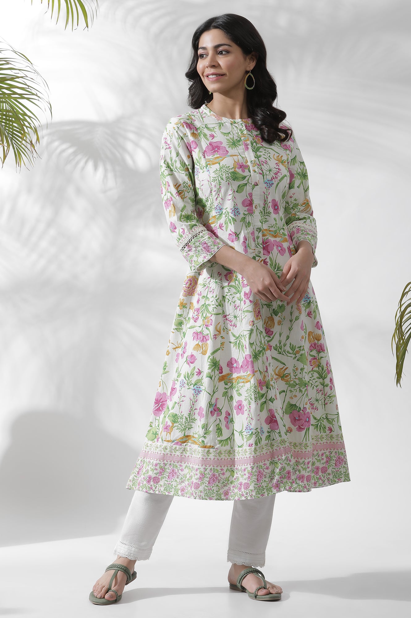 Off-White Floral Printed Flared Kurta