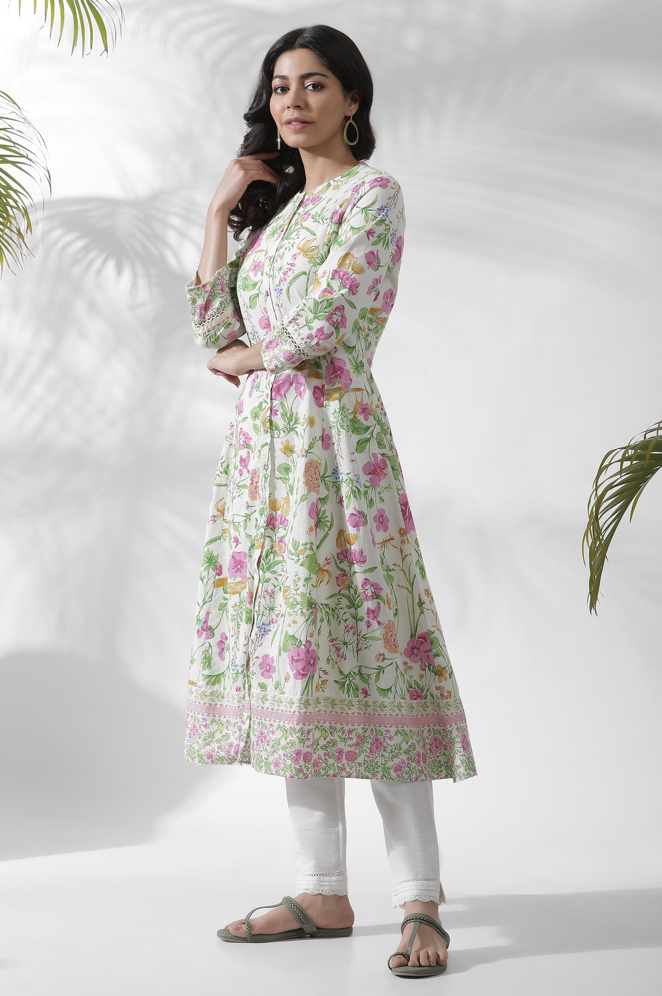 Off-White Floral Printed Flared Kurta