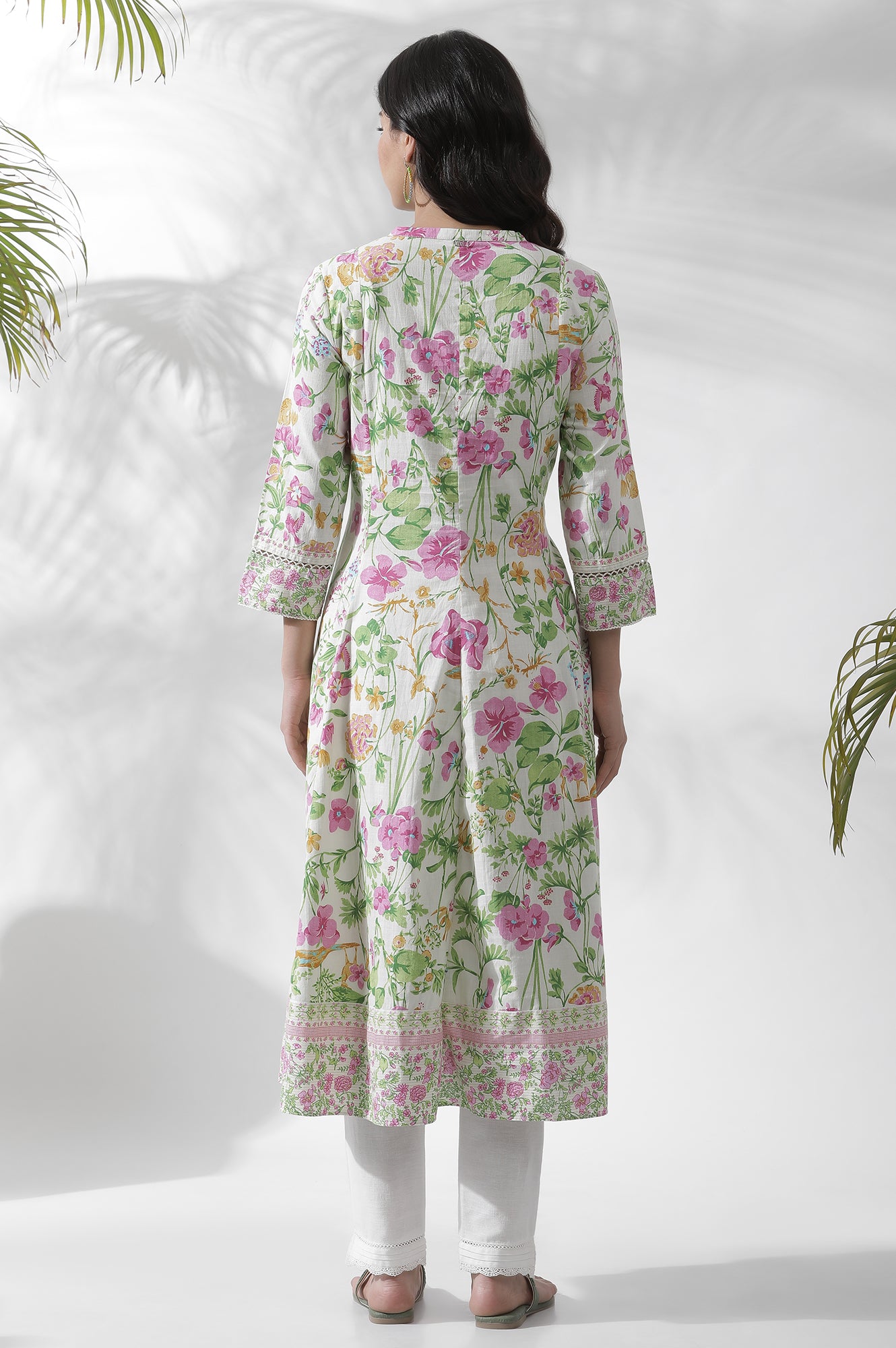 Off-White Floral Printed Flared Kurta