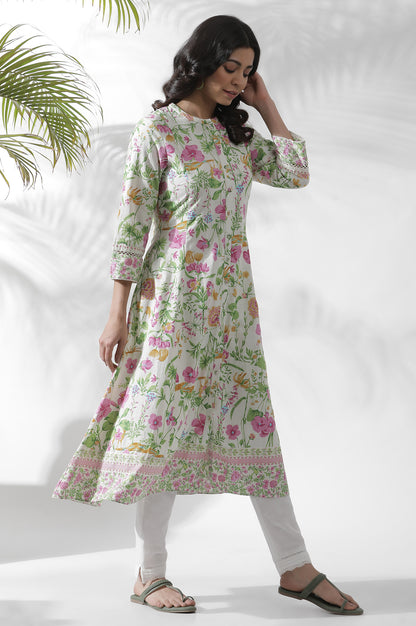 Off-White Floral Printed Flared Kurta