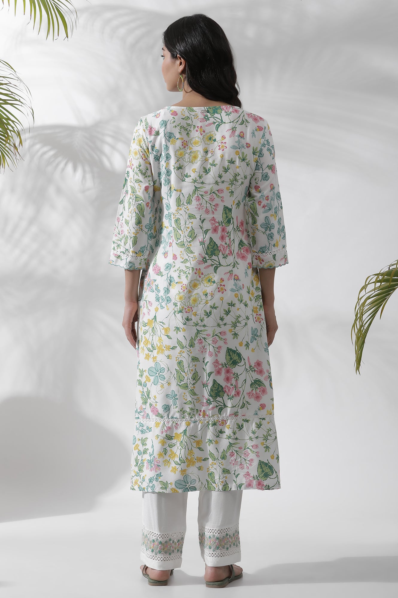 White Floral Printed A-Line Kurta