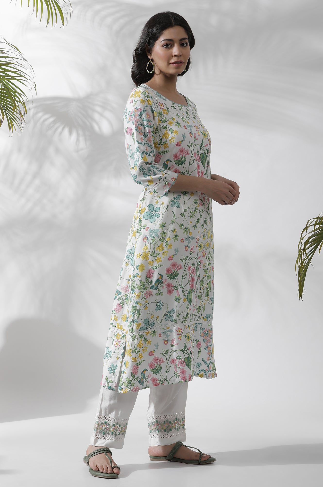 White Floral Printed A-Line Kurta