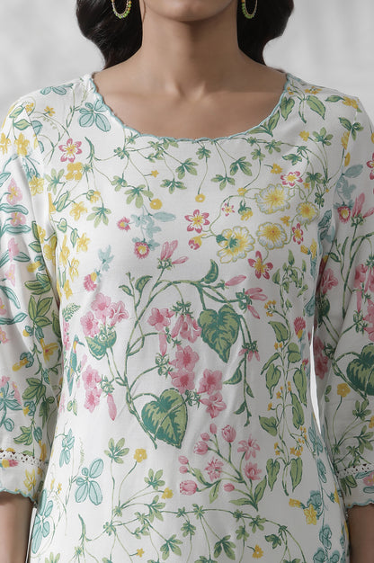 White Floral Printed A-Line Kurta