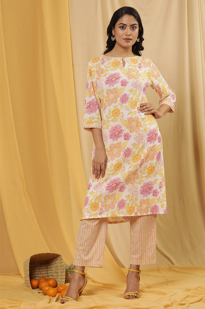 White Vibrant Floral Printed A-Line Kurta