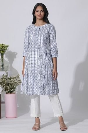 White Geometric Printed Cotton Kurta