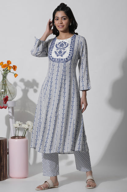 White Flared Kurta With Blue Prints