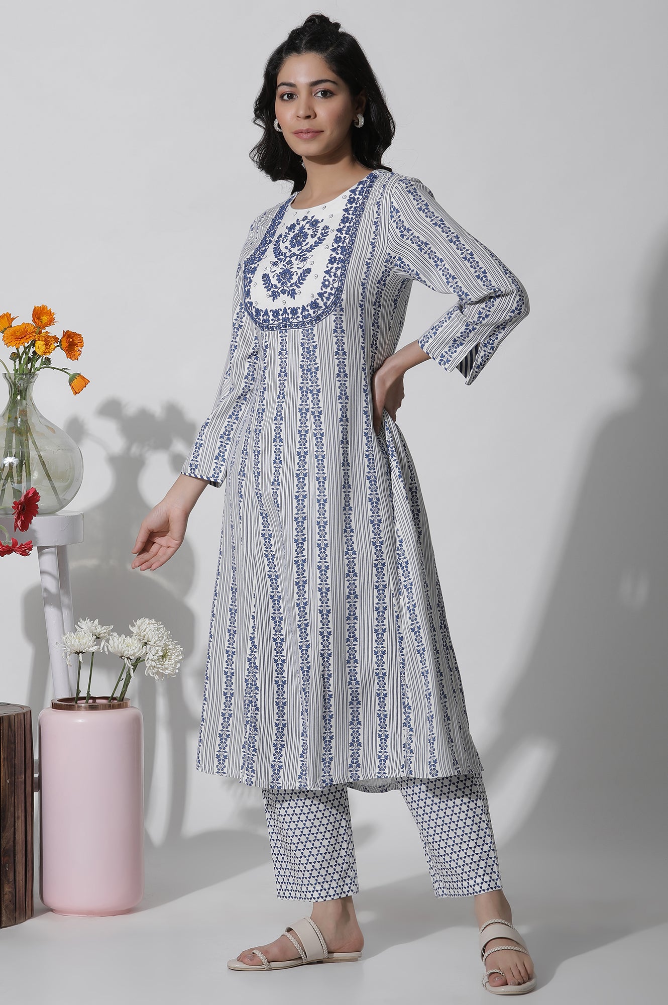 White Flared Kurta With Blue Prints