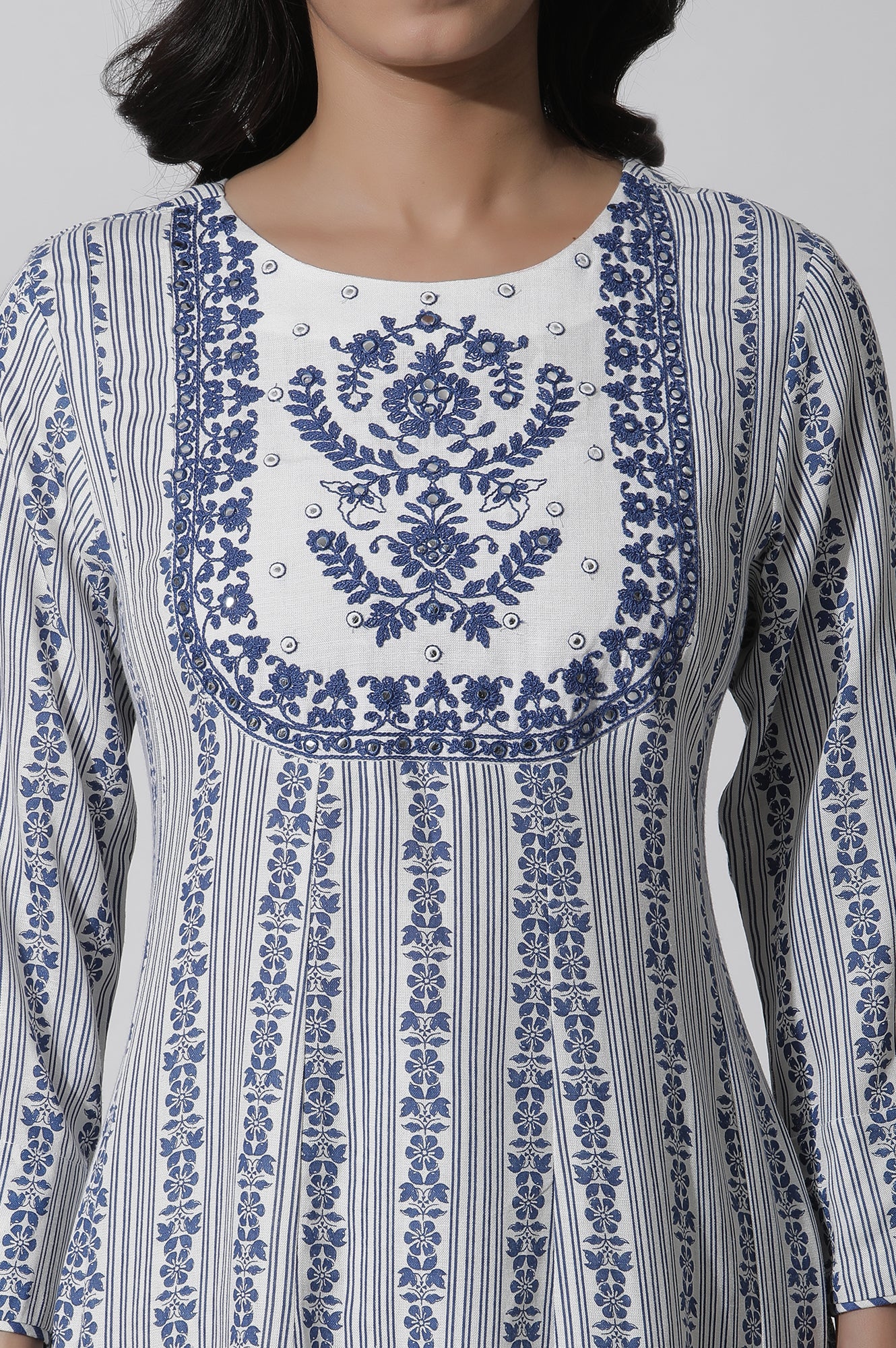 White Flared Kurta With Blue Prints