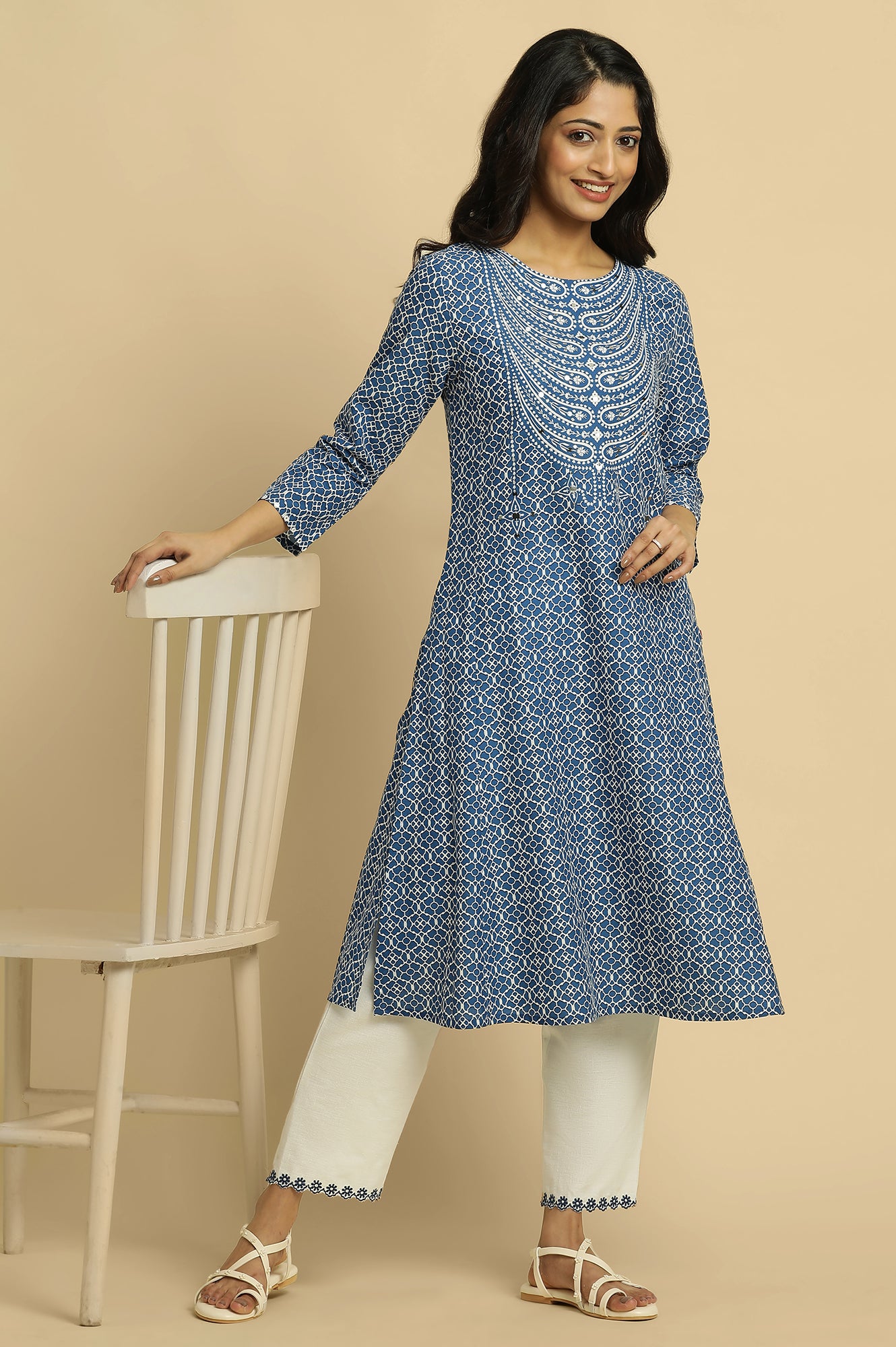 Blue Printed A-Line Kurta