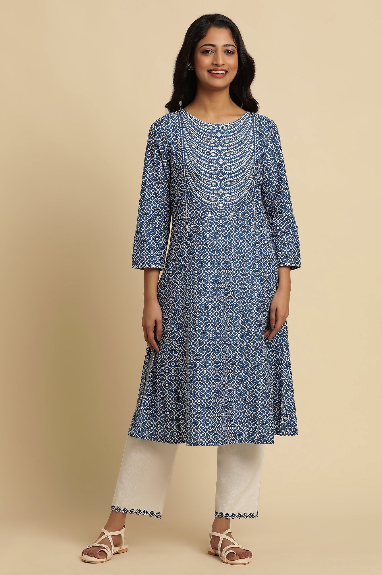 Blue Printed A-Line Kurta