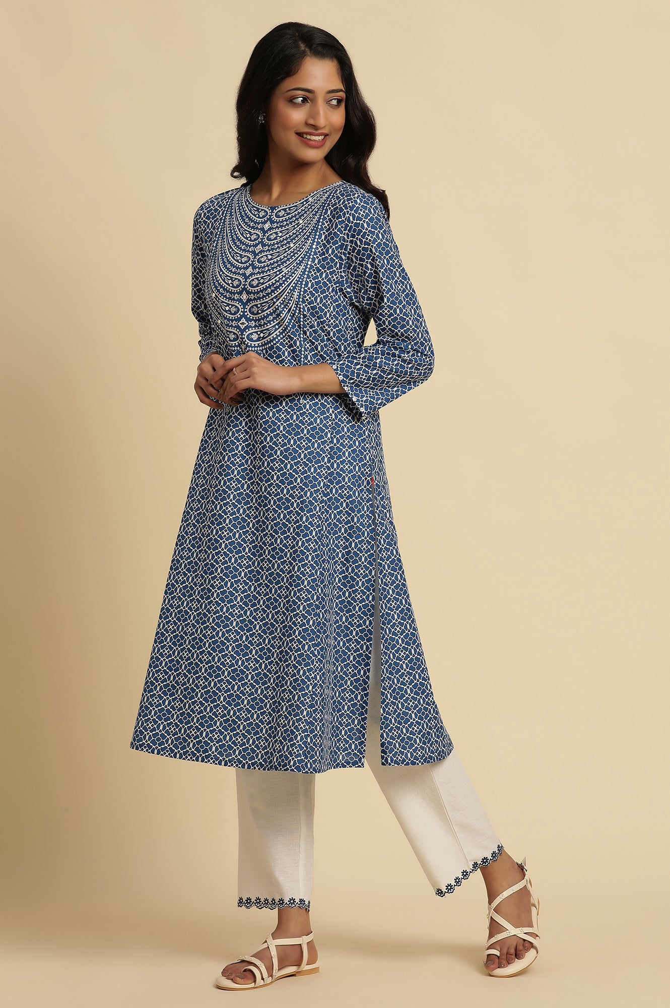 Blue Printed A-Line Kurta