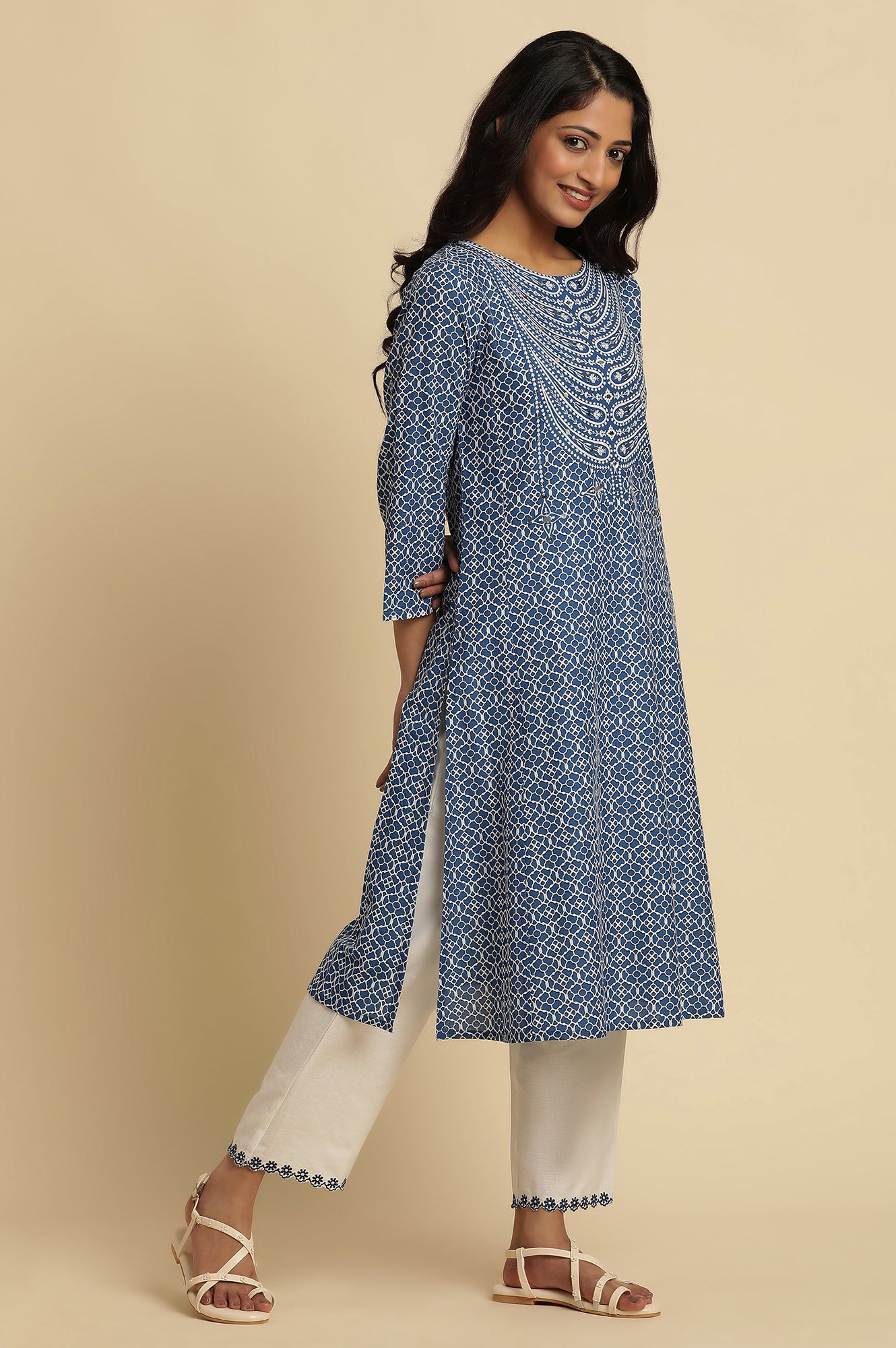 Blue Printed A-Line Kurta