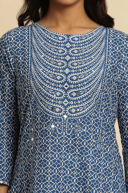 Blue Printed A-Line Kurta