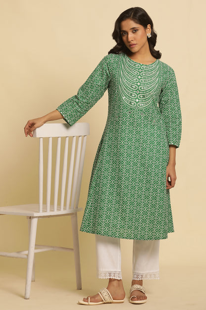 Green Printed A-Line Kurta