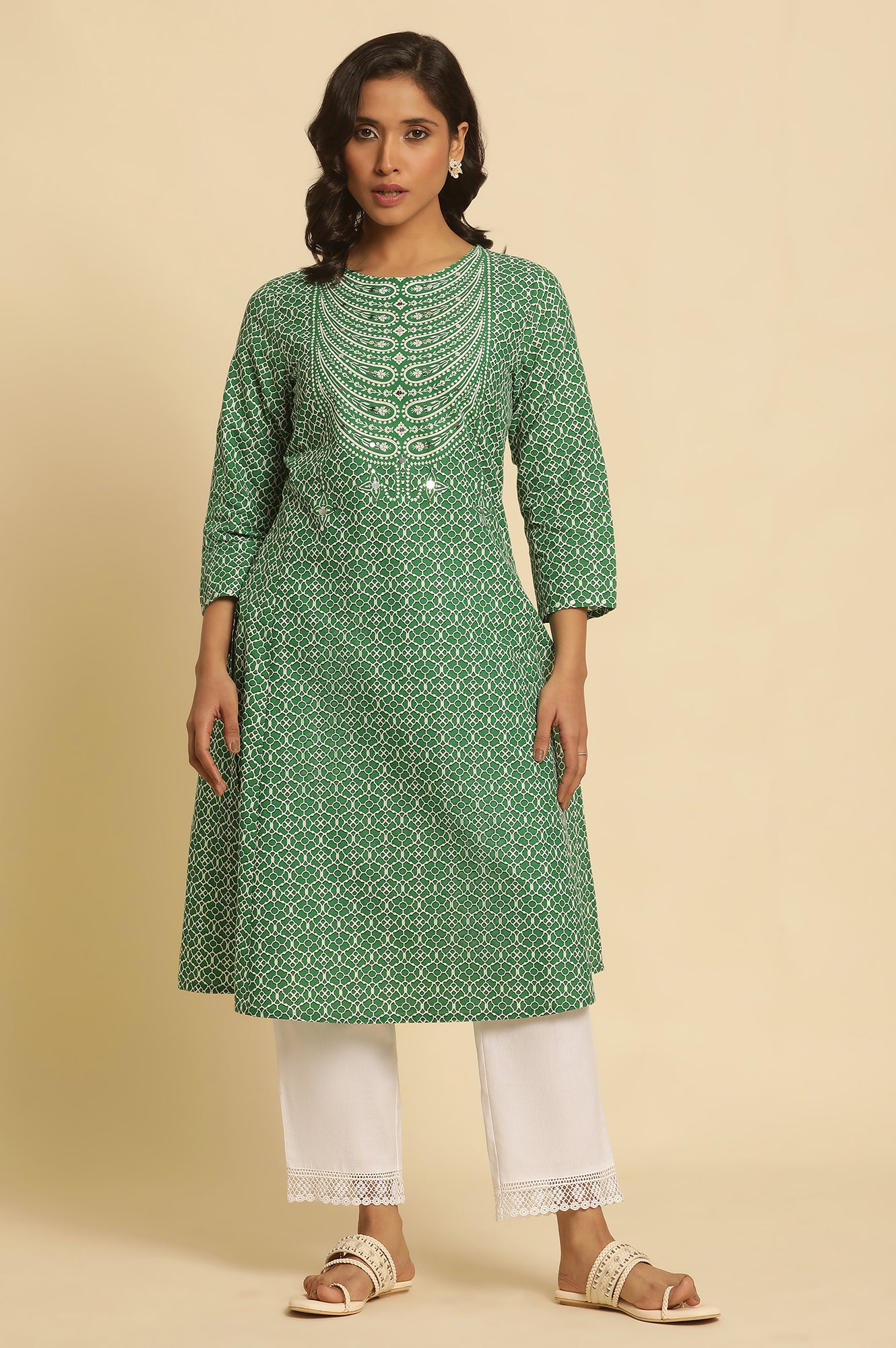 Green Printed A-Line Kurta