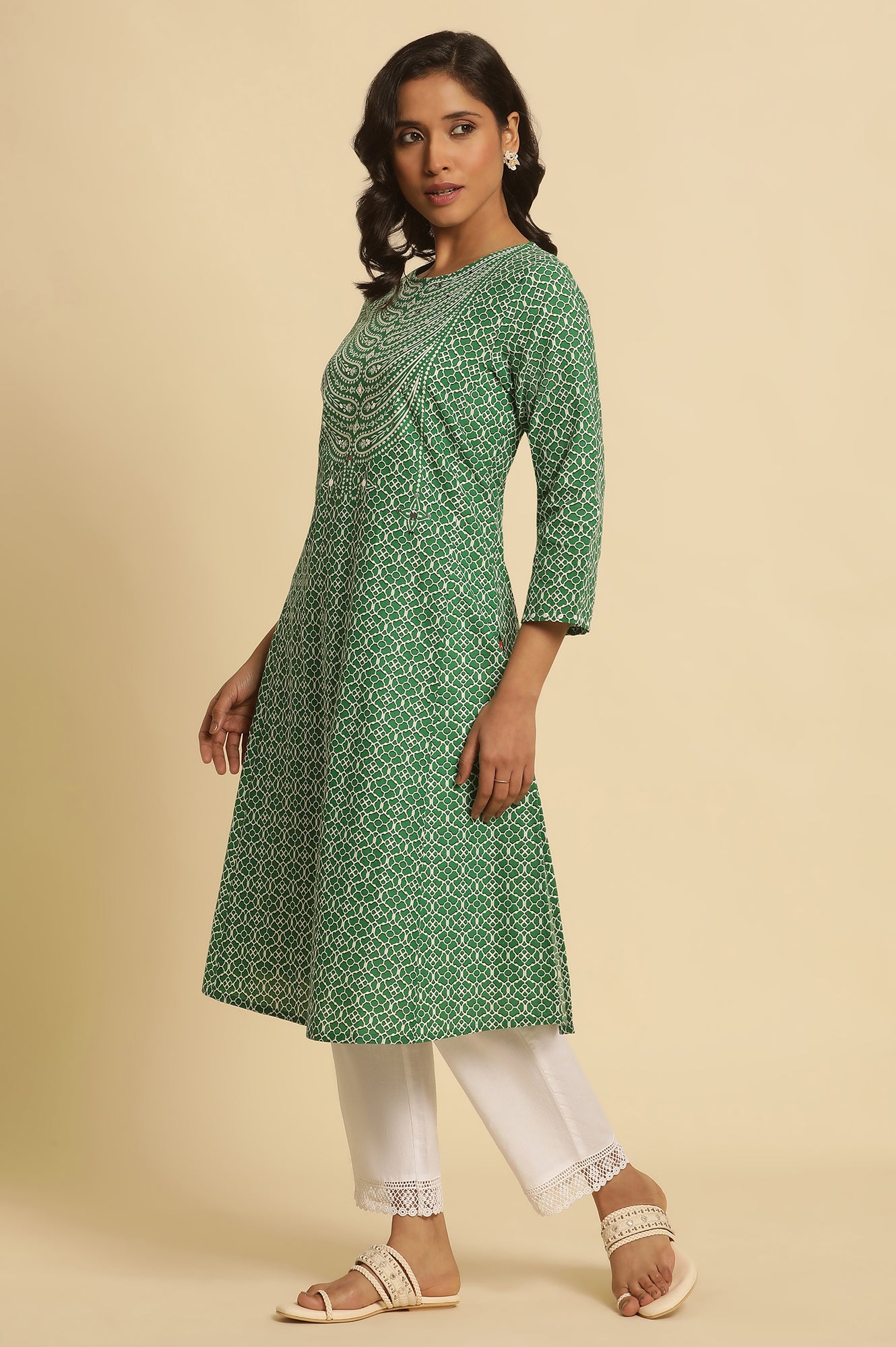 Green Printed A-Line Kurta