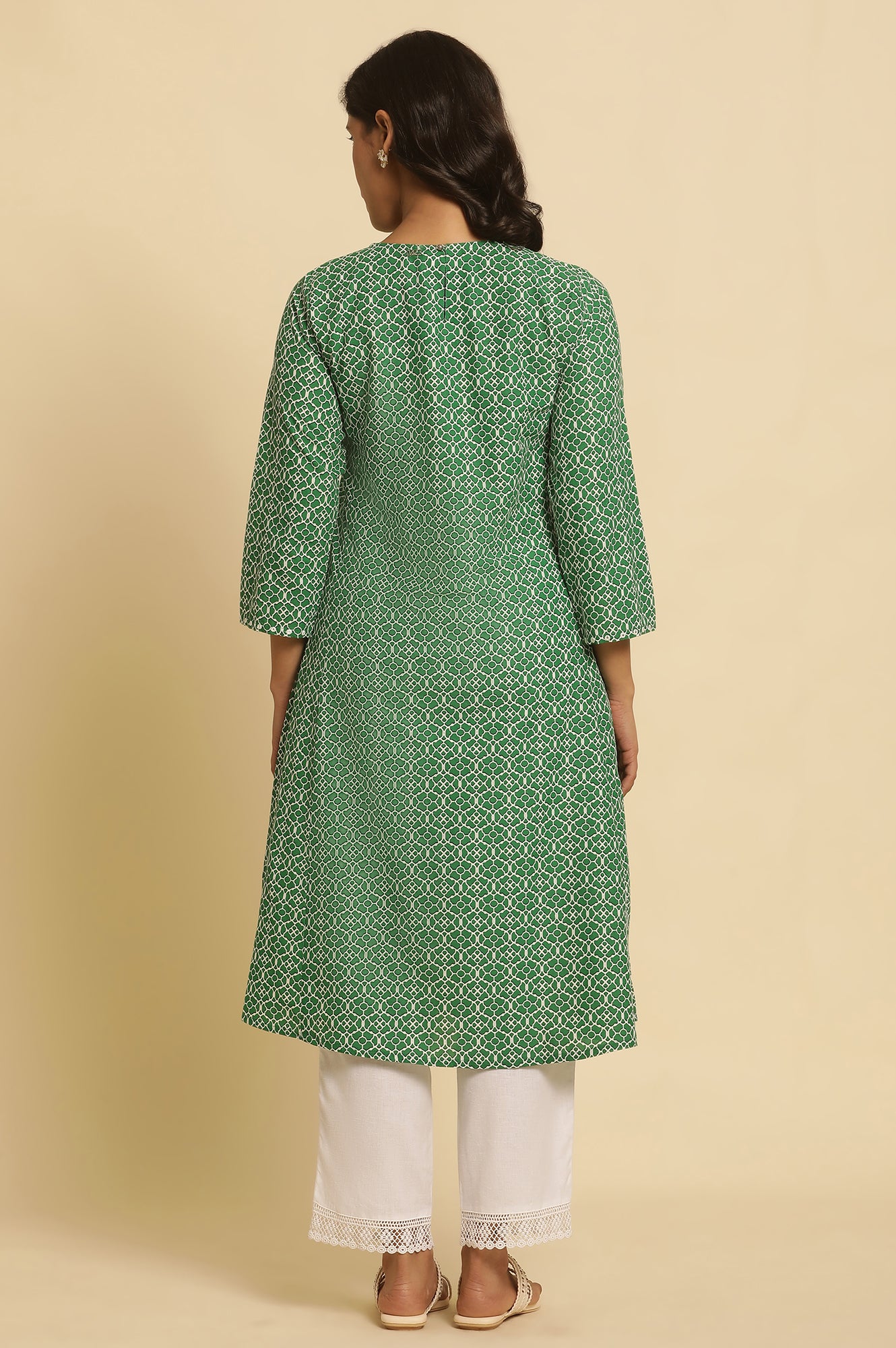 Green Printed A-Line Kurta