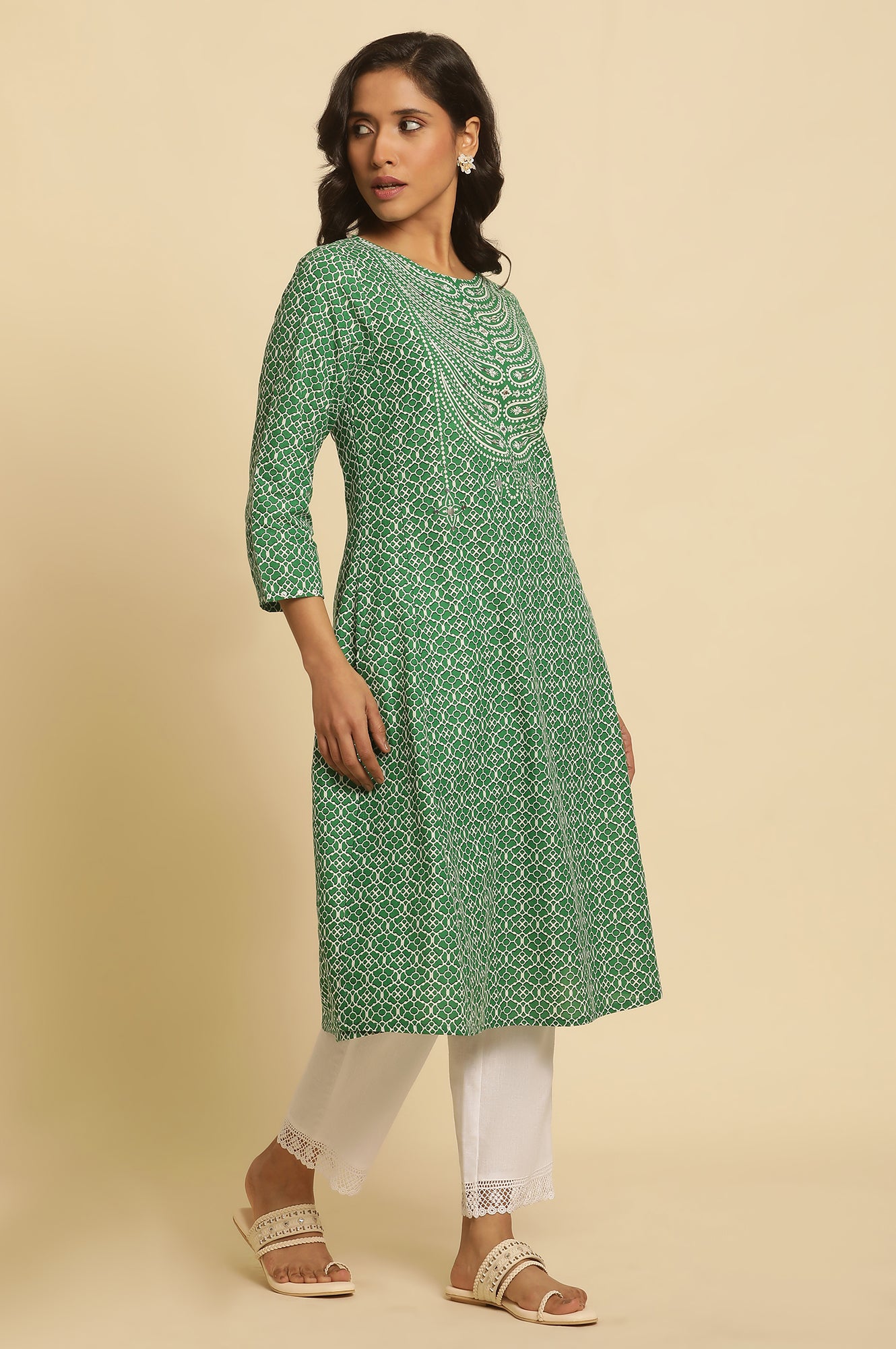 Green Printed A-Line Kurta