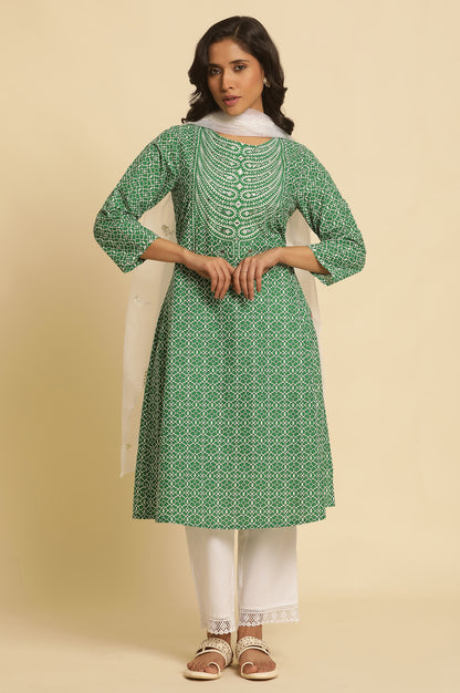 Green Printed A-Line Kurta