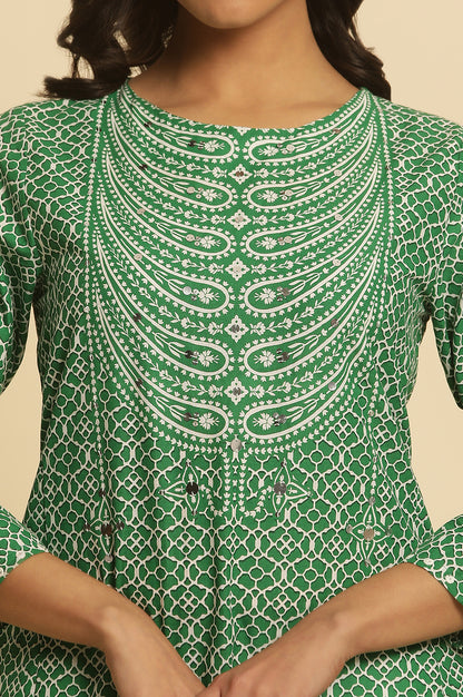 Green Printed A-Line Kurta