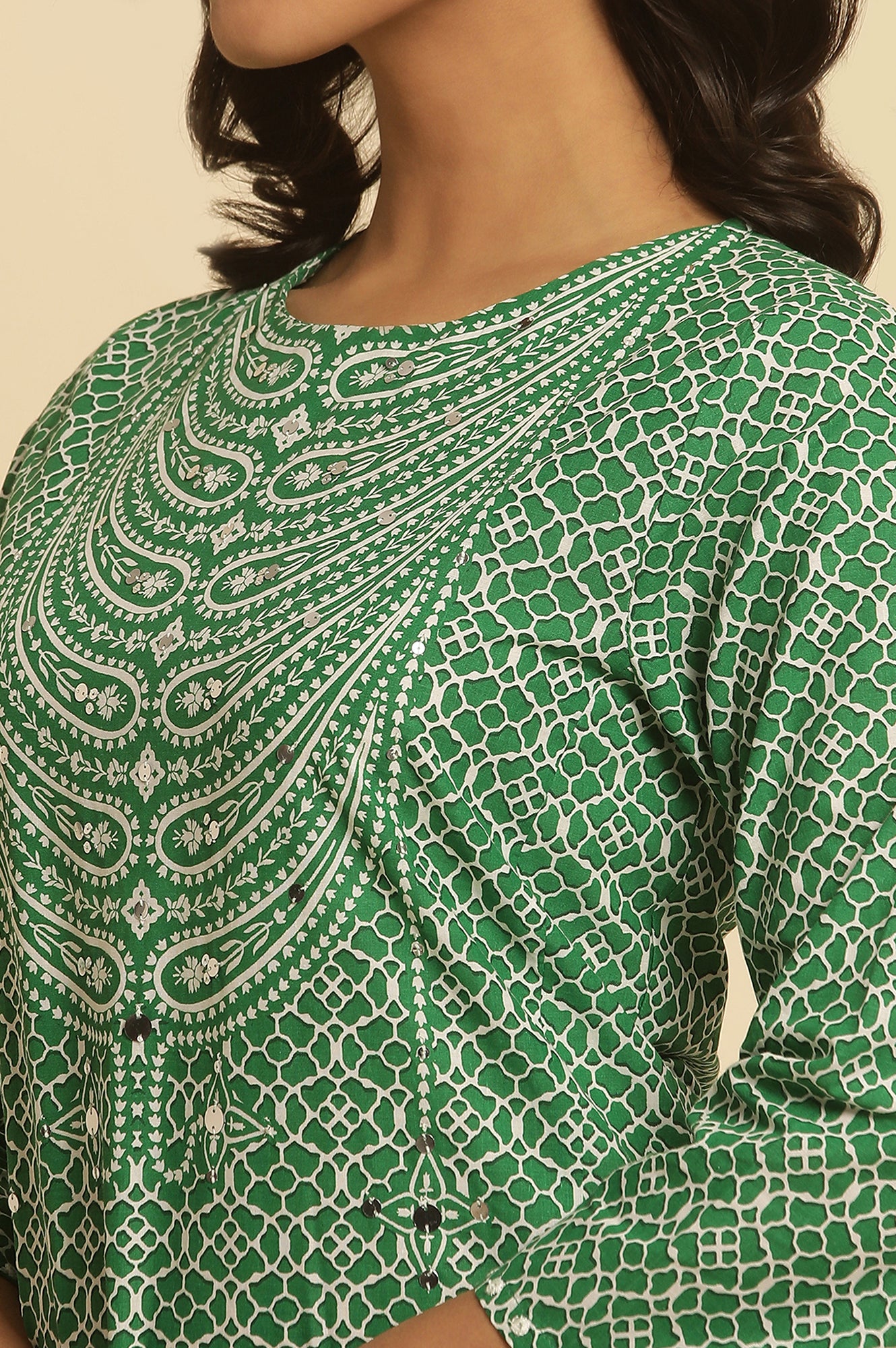 Green Printed A-Line Kurta