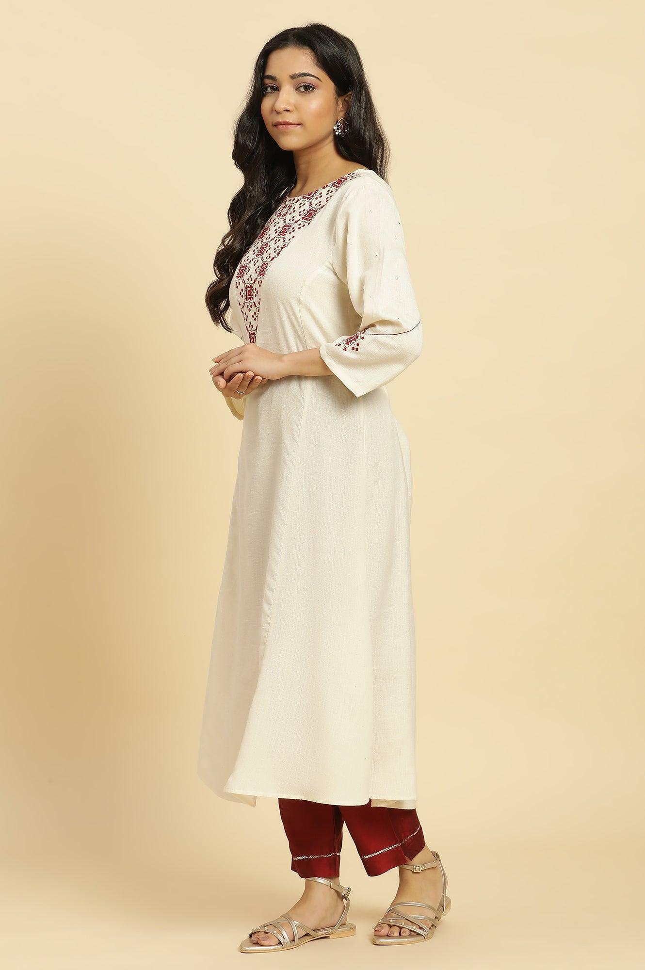 White Flared Kurta With Mirror Work And Embroidery - wforwoman