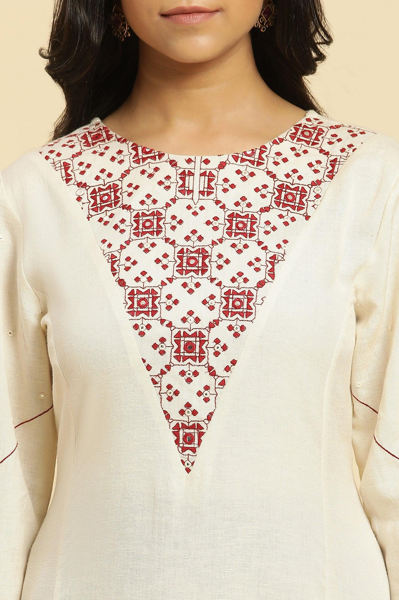 White Flared Kurta With Mirror Work And Embroidery - wforwoman