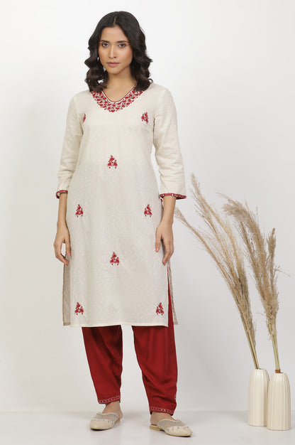 White Cotton Kurta With Red Embroidery